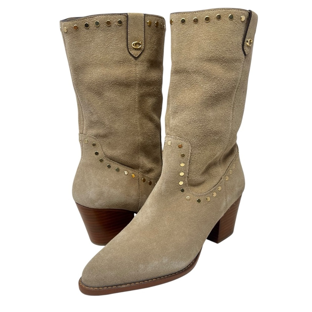 Coach Taupe Suede Studded Mid-Calf Boots